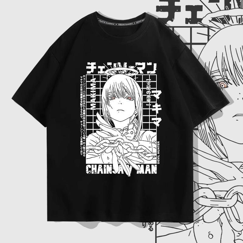 Japanese anime chainsaw man Makima pure cotton short-sleeved men's T-shirt Summer trend brand loose off-the-shoulder half-sleeve