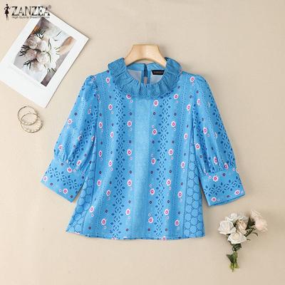 Women Lace Crochet Splice Round Neck Casual Half Sleeve Print Blouse