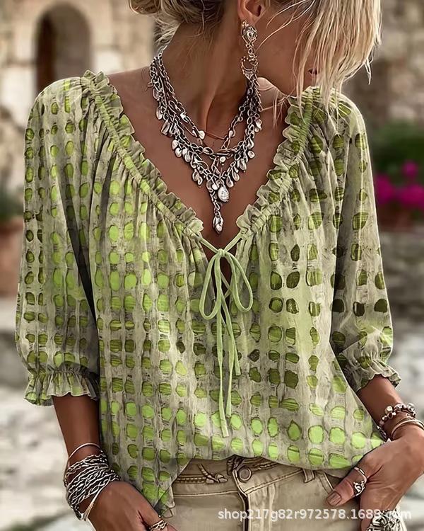 Summer V-neck T-shirt printed streamer loose casual fashion top seven-quarter sleeve summer short sleeve top
