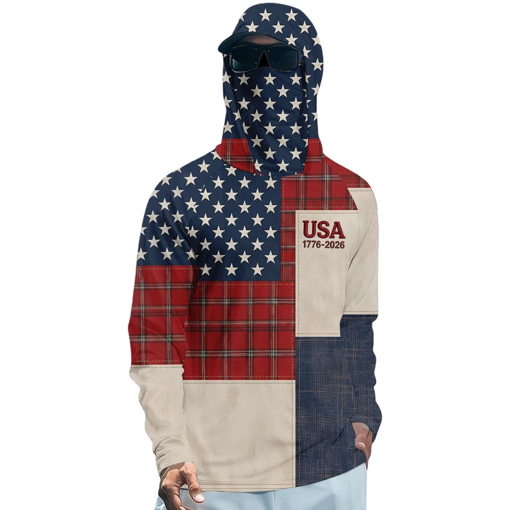 Long Sleeve Hooded Shirt with USA Flag Print Lightweight Pullover Top Casual Fit Soft Material for Everyday Wear