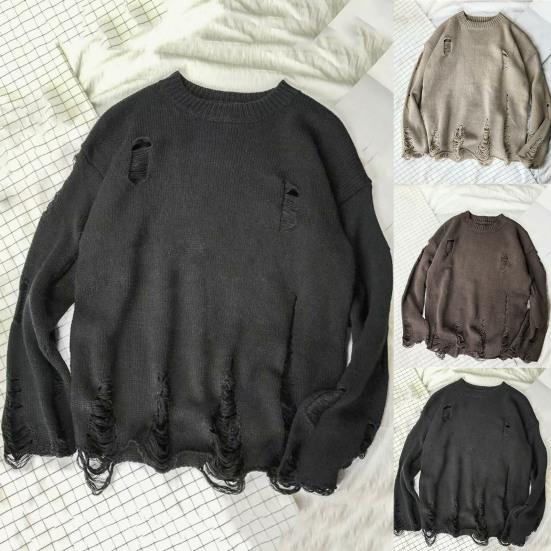 Men Sweater Solid Color Ripped O Neck Oversized Couple Sweater for Daily Wear