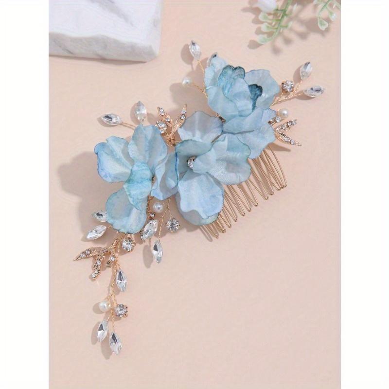 1pc Women's Ombre Silk Flower, Golden Metal Leaf & Rhinestone Decor Hair Comb, Energetic Countryside Bridal Headpiece Suitable for Daily, Party
