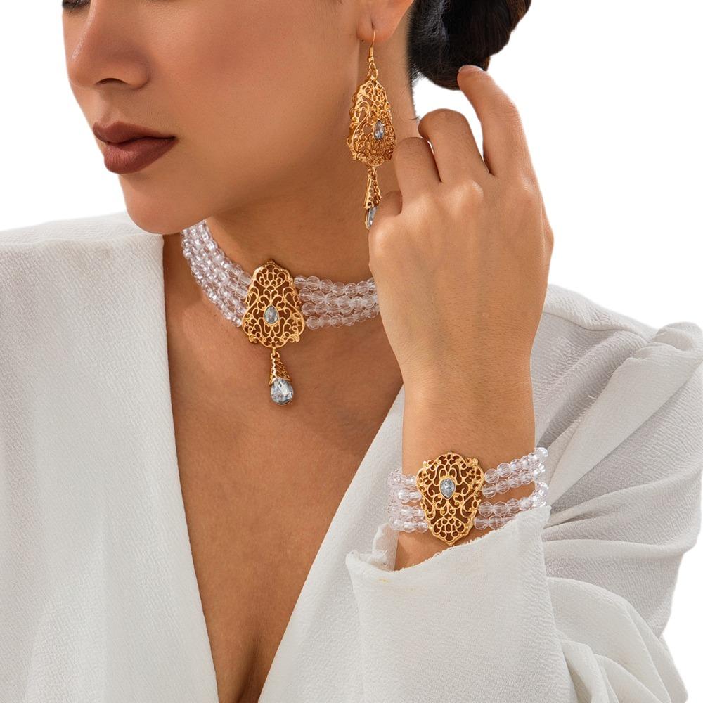 Multilayer Pearl Beaded Bracelet Shiny Necklace Earring Set Temperament Bridal Jewelry Set  Lady