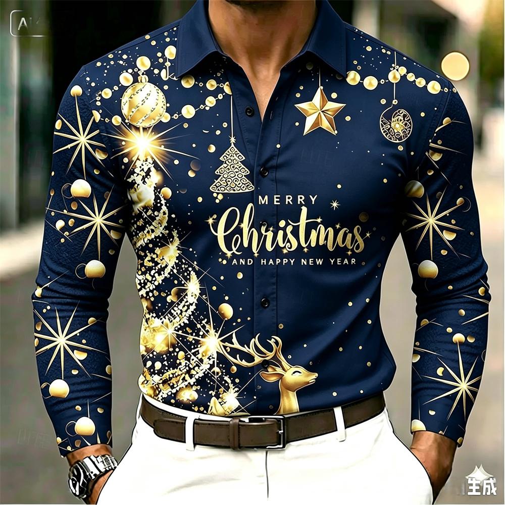 Christmas Men's Elk Christmas Tree Collar Long Sleeve Casual Outdoor Day Wear Festival Wear Button Spring and Autumn Winter Clo