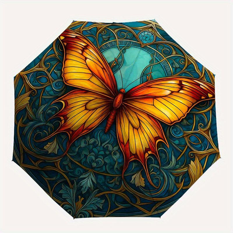 Stunning Butterfly Stained Cute Window Art Umbrella, Cute Umbrella with Cute Design, Portable 3-Fold Compact Umbrella for Men & Women, Valentine's Day