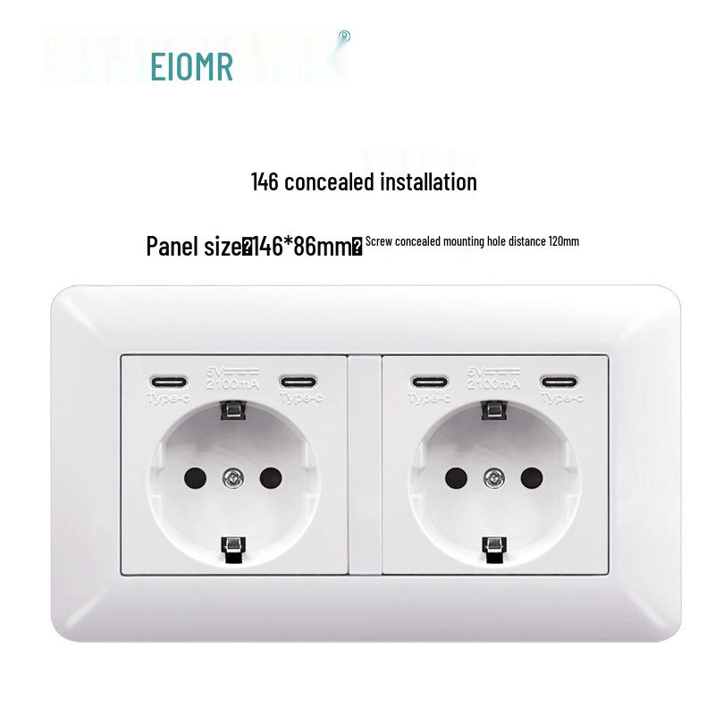 Curved White European Standard Socket Panel with Double USB & Type C, German Switch, Concealed Installation
