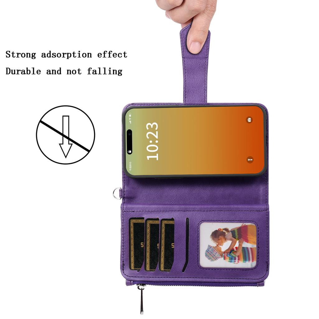 For iPhone 15 Pro Max Magnetic Leather Case Mobile Cover with Detachable Zipper Wallet Strap