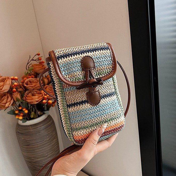 Color Collision Beach Vacation Grass Woven Bag for Women 2025 New Summer Slanted Small Bag Popular Hand Woven Mobile Phone Bag