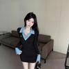 American Spice Girl niche fake two-piece gray knitted dress women's autumn temperament inner slim-fitting hip-wrapped short skirt