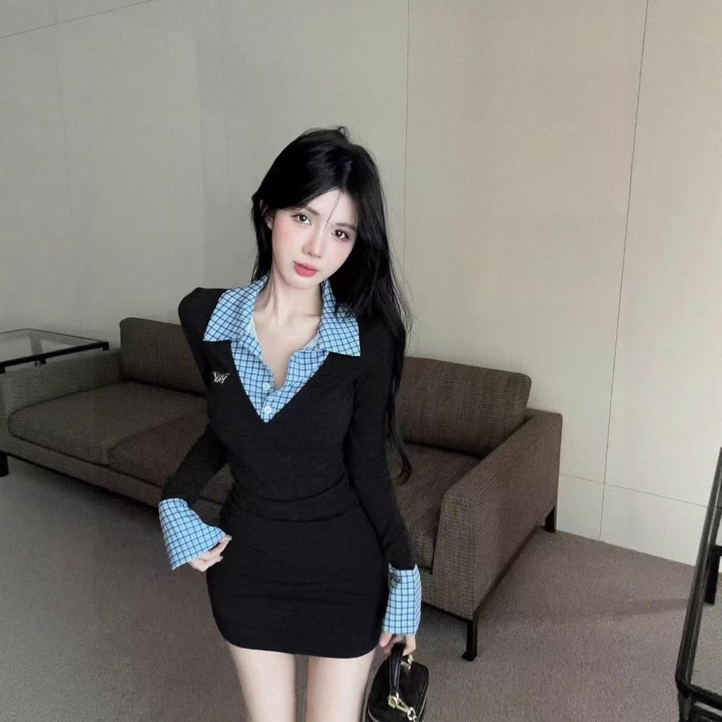 American Spice Girl niche fake two-piece gray knitted dress women's autumn temperament inner slim-fitting hip-wrapped short skirt