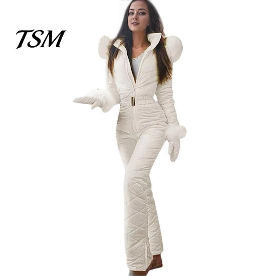 Tuta da Sci con Chiusura a Zip da Donna Tuta Invernale con Guanti Vita Elastica Imbottita Spessa Tuta da Neve Giacca con Cappuccio Antivento Outfit da Esterno Impermeabile