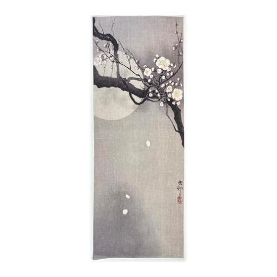 Ohara Koson White Plum Blossoms Under the Moon Ukiyo-e Tenugui (Japanese Towel) - Note. 90x35cm, 100% Cotton, Made in Japan