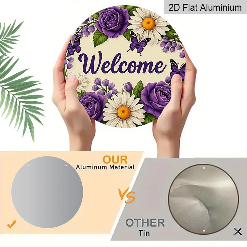 2D Flat 1pc, 8x8 In Printed Artwork, Welcome Wreath Butterfly Round Aluminum Metal Sign, Wall Home Room Farmhouse Home Street, Shop, Garage, Farm