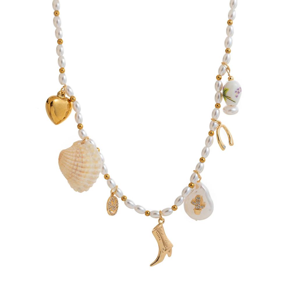 European and American Style Multi-Pendant Pearl & Stainless Steel Necklace with Small Fish, Chili, and Heart Ocean Style Choker