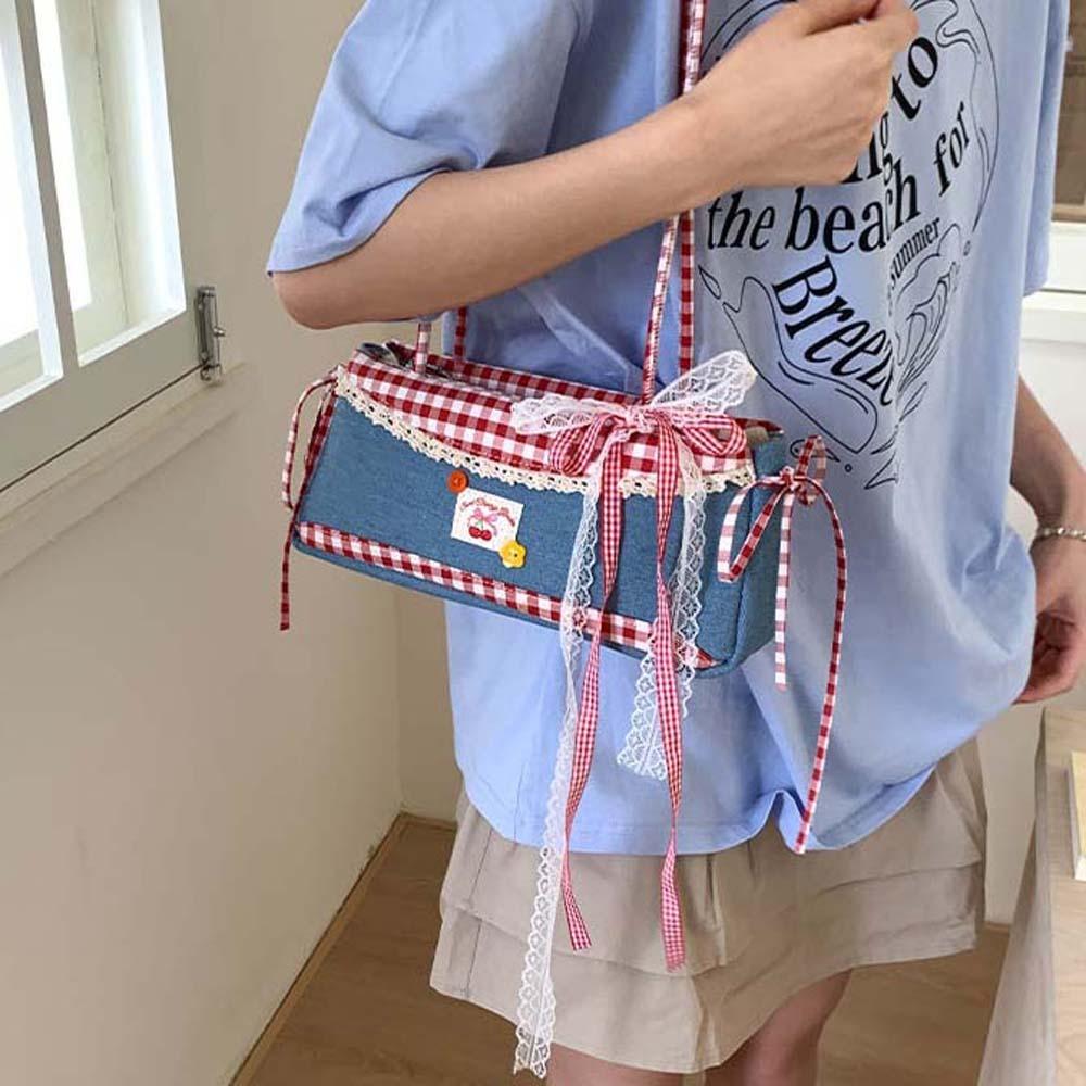 Denim Blue French Stick Handbag Sweet Cloth Underarm Bags Portable Plaid Shoulder Bag Daily