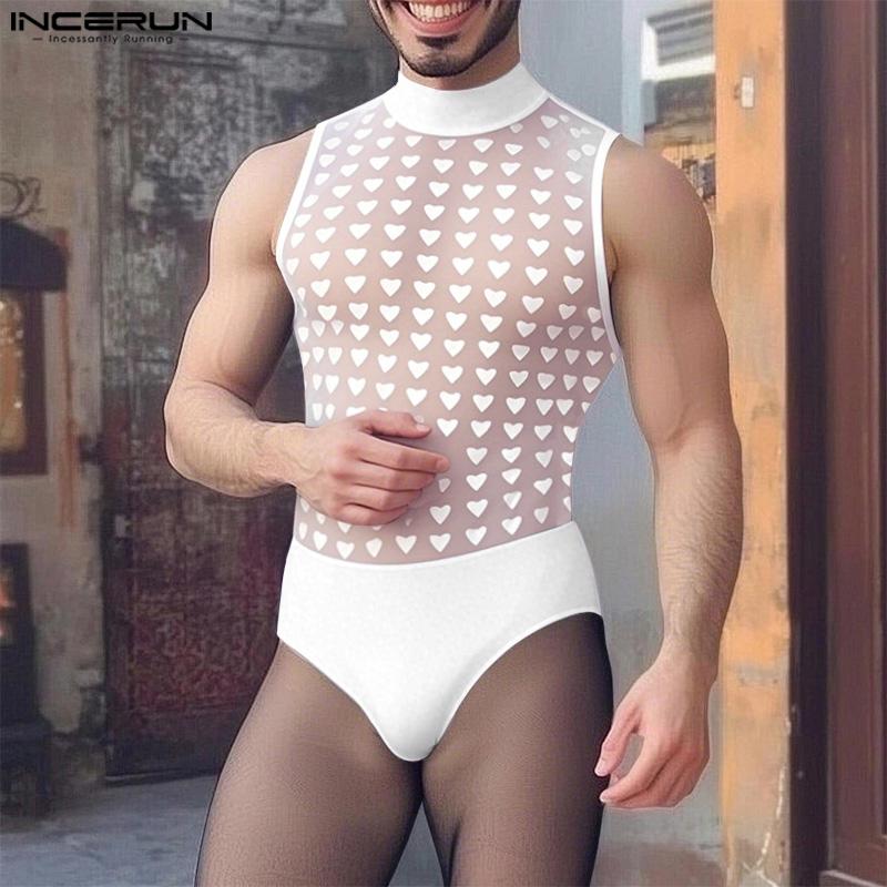 INCERUN Men's Stitching Color Sleeveless Dots Mesh Sheer Underwear Jumpsuits