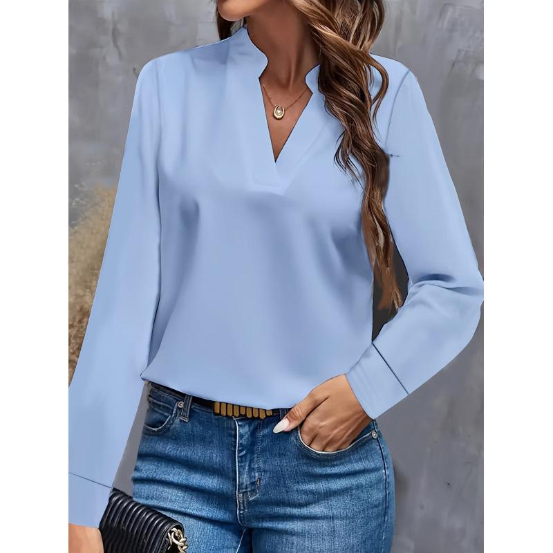 Simple Casual Solid Color V-Neck Loose Shirt Top Women