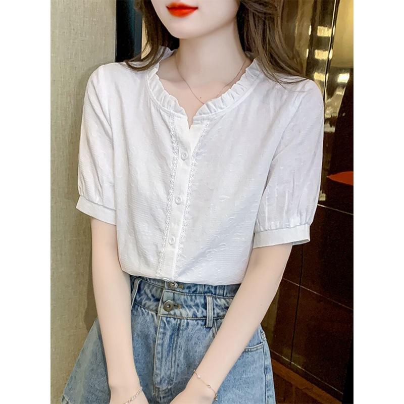 Stand-up Collar Design Short-sleeved Shirt Versatile Fungus Collar Spliced Lace Top