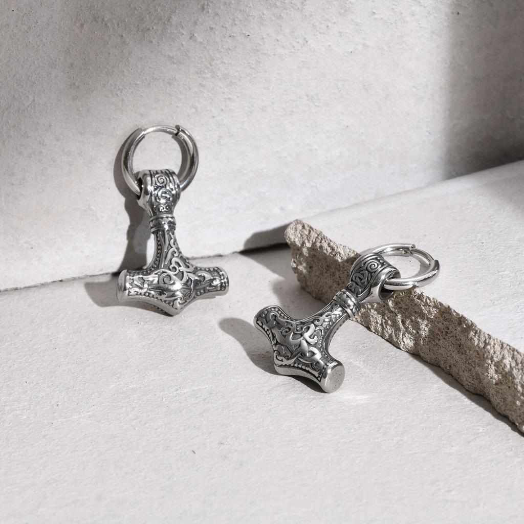 Vnox Heavy Viking Thor's Hammer Earrings for Men, Chunky Stainless Steel Punk Rock Earrings Jewelry Gift