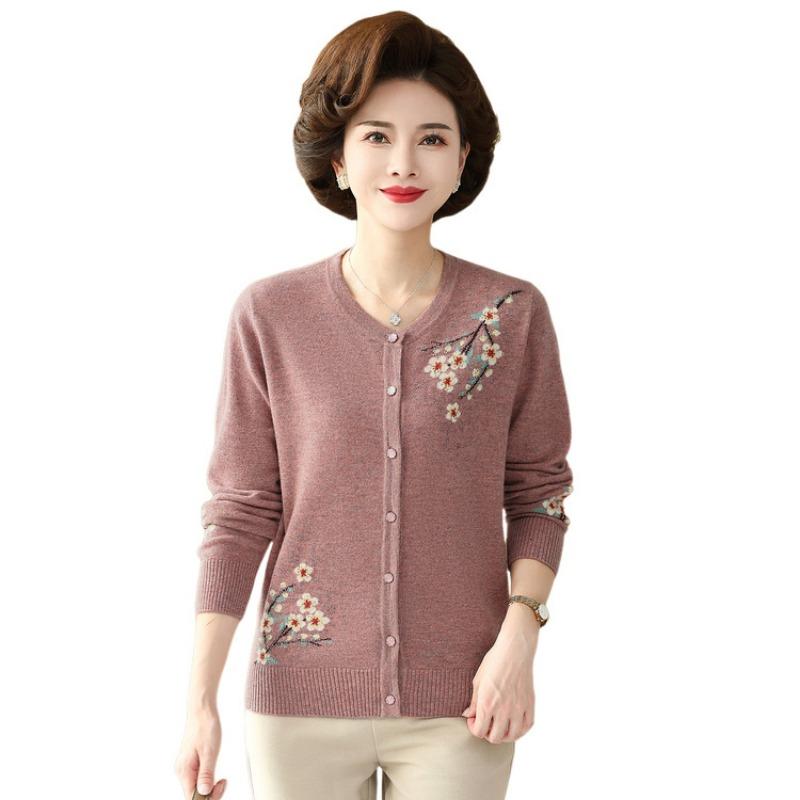 Middle-aged and Old Women's Sweater Bottoming Shirt Autumn New Heavy Industry Embroidered Cardigan Mother Fashion Age Reduction