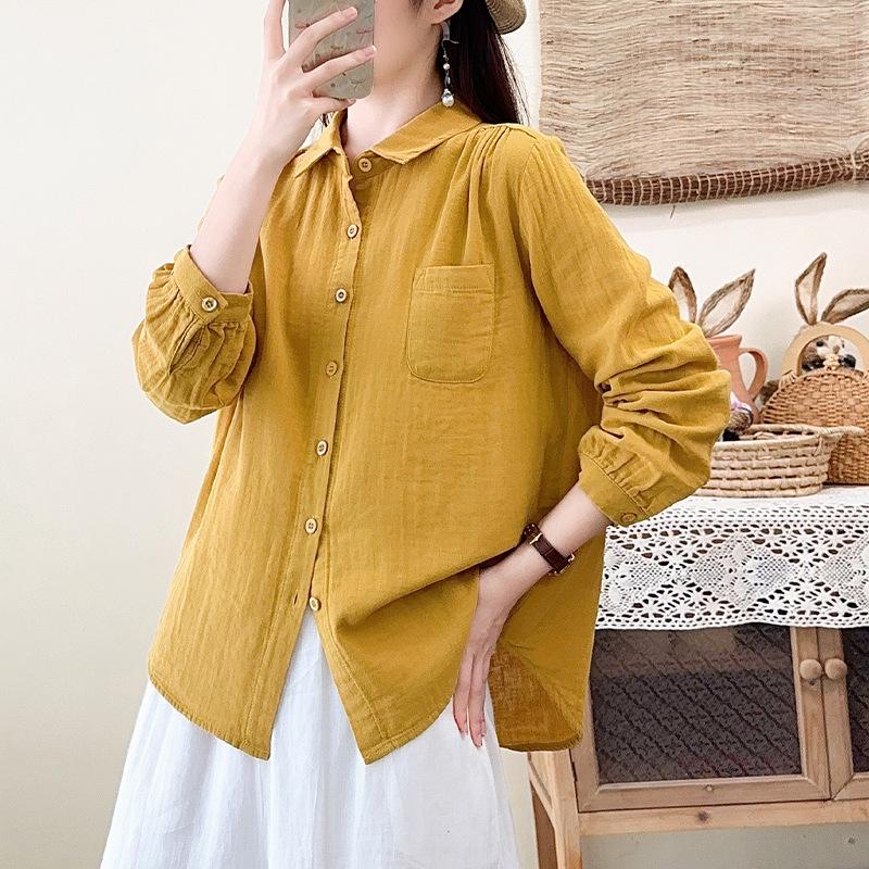 Spring and Autumn New Double-layer Cotton Yarn Pure Cotton Shirt Women's Japanese Literary and Art Style Loose Casual Skinny Versatile Shirt Top