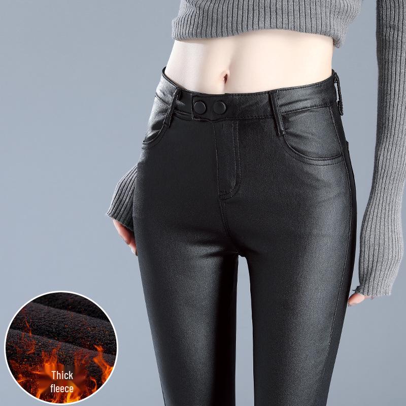 Women's High-Waist Matte Leather Skinny Pants - Elastic, Slimming, Plus Velvet, Autumn/Winter 2025.