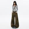 American Streetwear Retro Leopard Casual Pants Women Autumn Winter Fashion Design Versatile Slim Fit Wide Leg Long Pants
