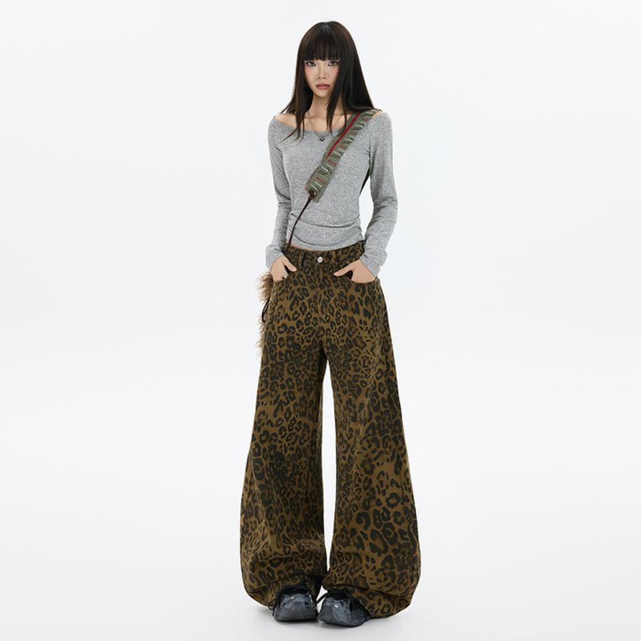 American Streetwear Retro Leopard Casual Pants Women Autumn Winter Fashion Design Versatile Slim Fit Wide Leg Long Pants
