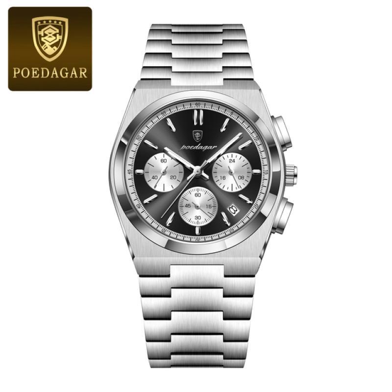 POEDAGAR Luxusní hodinky Quartz Sportovní vojenské hodinky pro muže Vodotěsné hodinky z nerezové oceli se světelným datem a chronografem