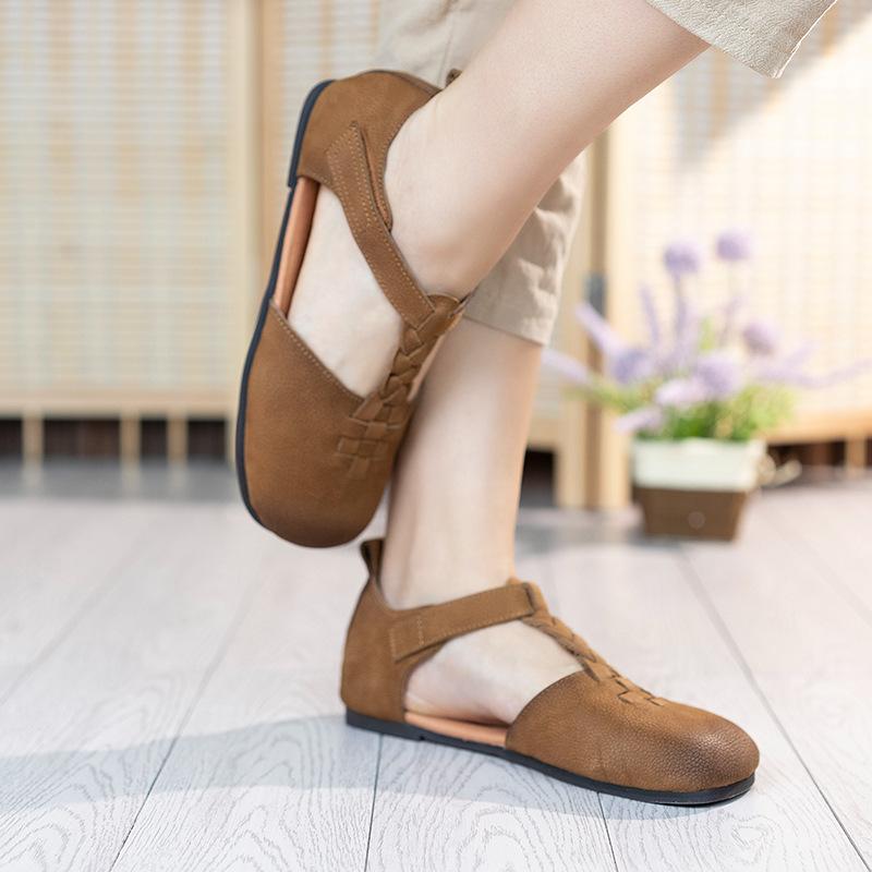 

Первый слой коровьей кожи удобный и повседневный, летняя обувь ретро на мягкой подошве, сандалии на плоской подошве с мелким вырезом, женские 40