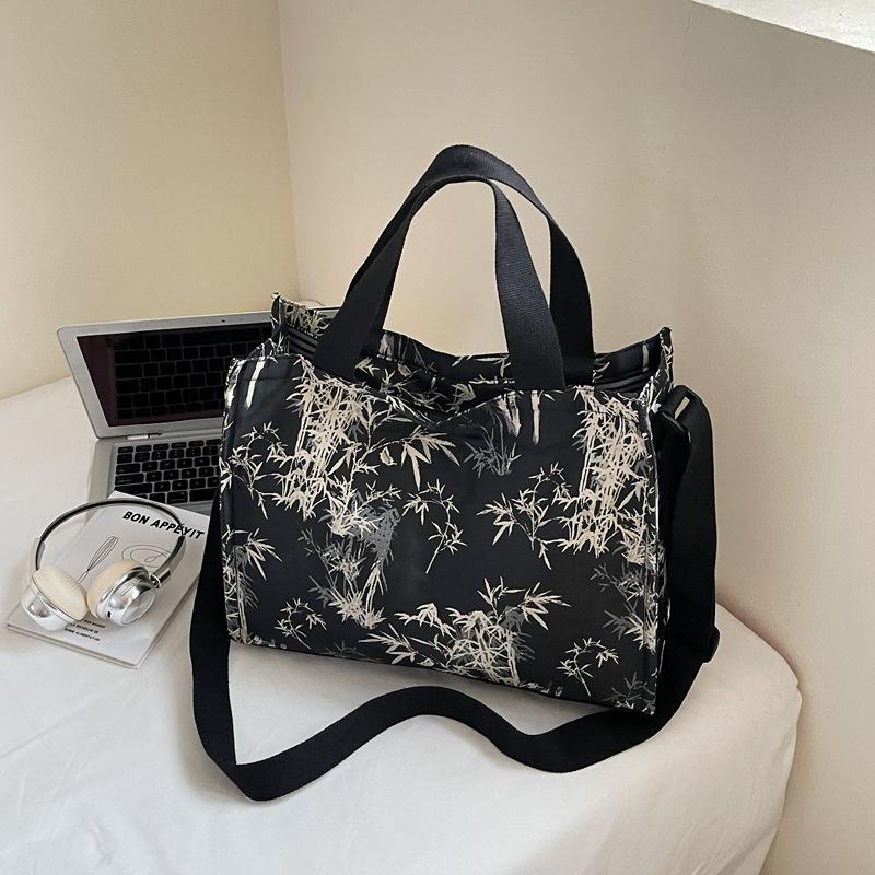 New Chinese Style Handbag Women's New Fashion Bamboo Leaf Printing Oblique Span Shoulder Bag College Student Commuter Tote Bag