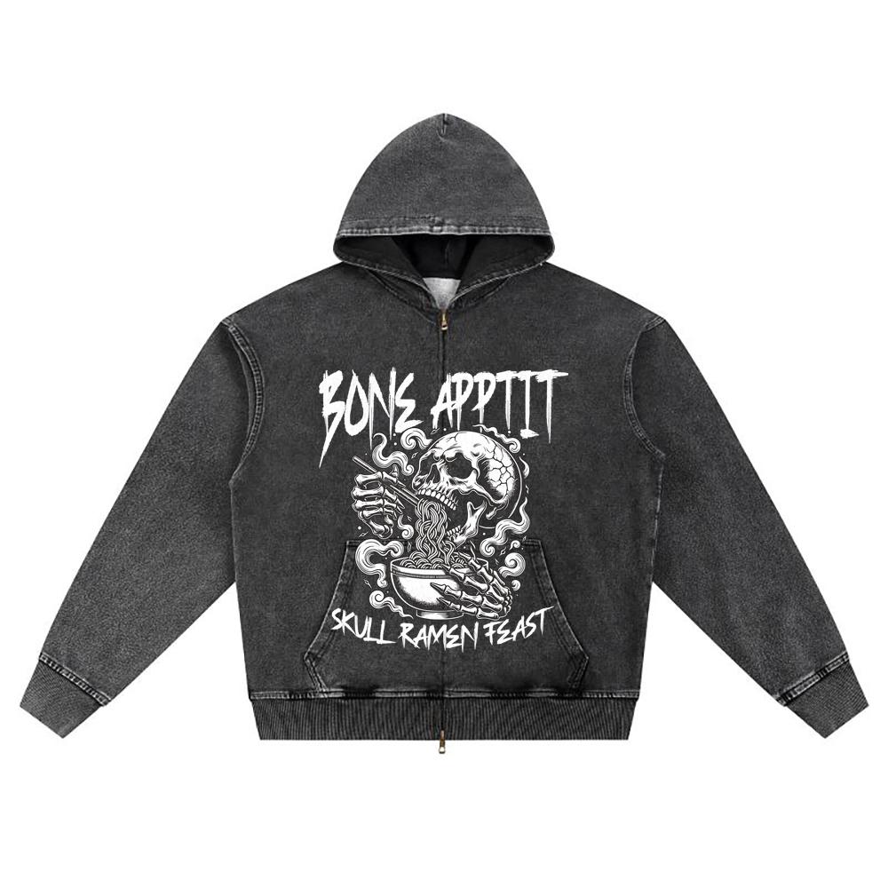 DTG Print Knitted Denim Zip-Up Hoodie Bone App It Brother Print Zipper Hoodies