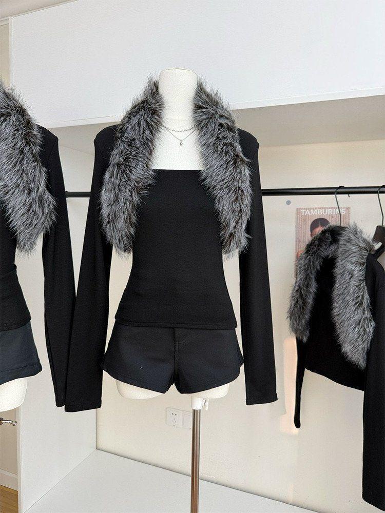 Black Fur Spicy Girl Long Sleeve Cardigan - Women's Autumn/Winter Slim Fit Crop Top with Sexy Design