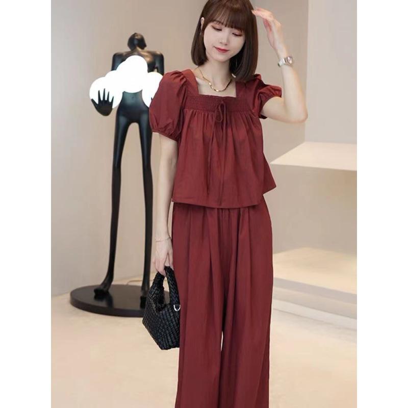 Elegant Square Neck Puff Sleeve Shirt Versatile Slimming Wide Leg Pants Two-piece Set Women's Summer Ice Silk Fashion Suit