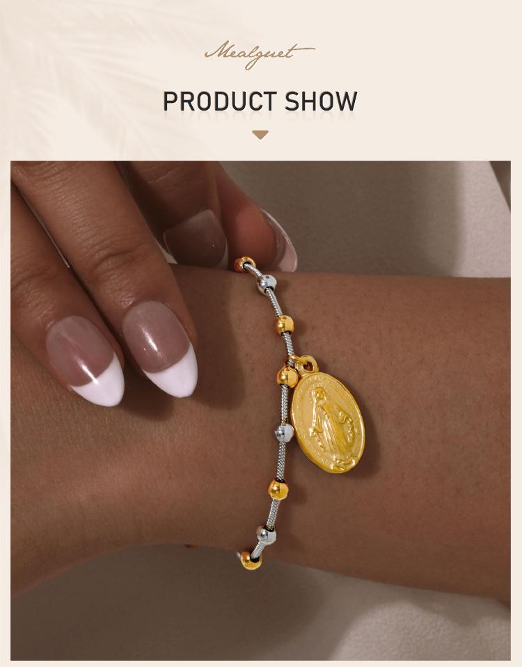 Two Tone Stainless Steel Virgin Mary Bracelet for Women, Rosary Beaded Cross Bracelets, Non Tarnish Religious Jewelry