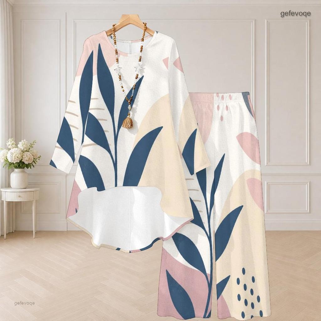 Women Plus Size Round Neck Long Sleeve Printed High Low Top Wide Leg Pants Two Piece Set
