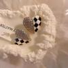 S925 Sterling Silver Asymmetrical Black & White Plaid Heart Earrings