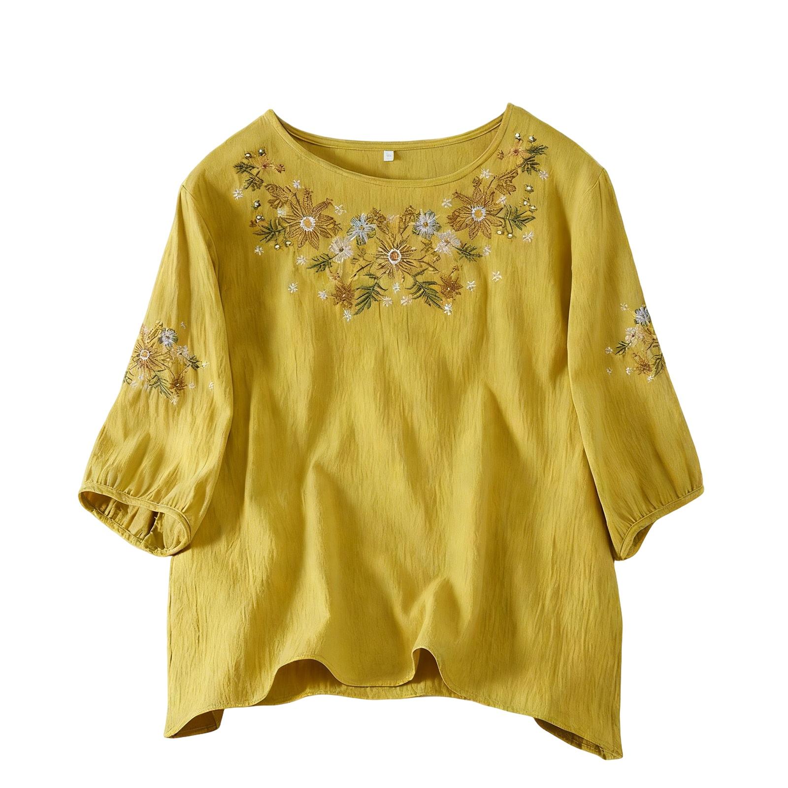 

Жіноча сорочка-топ вільного крою, що стрункіть, з бавовни та льону, з круглим вирізом, з рукавами три чверті XL жовтий