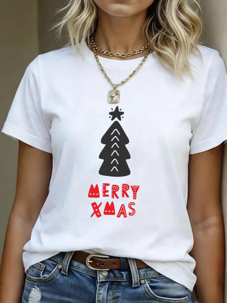 (Asian Size) Lovely Style Cute Merry Christmas Women's Top Short Sleeve T-shirts O-neck T Shirt Print Fashion Casual New Year Clothing Graphic Tee