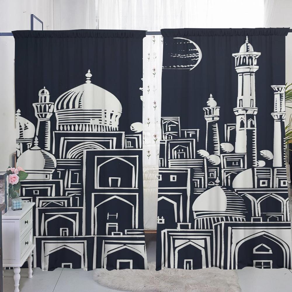 Kitchen Curtains for Living Room 2 Pieces Blackout Curtains Door Curtain Ancient Architecture Partition Bedroom Decoration Shade