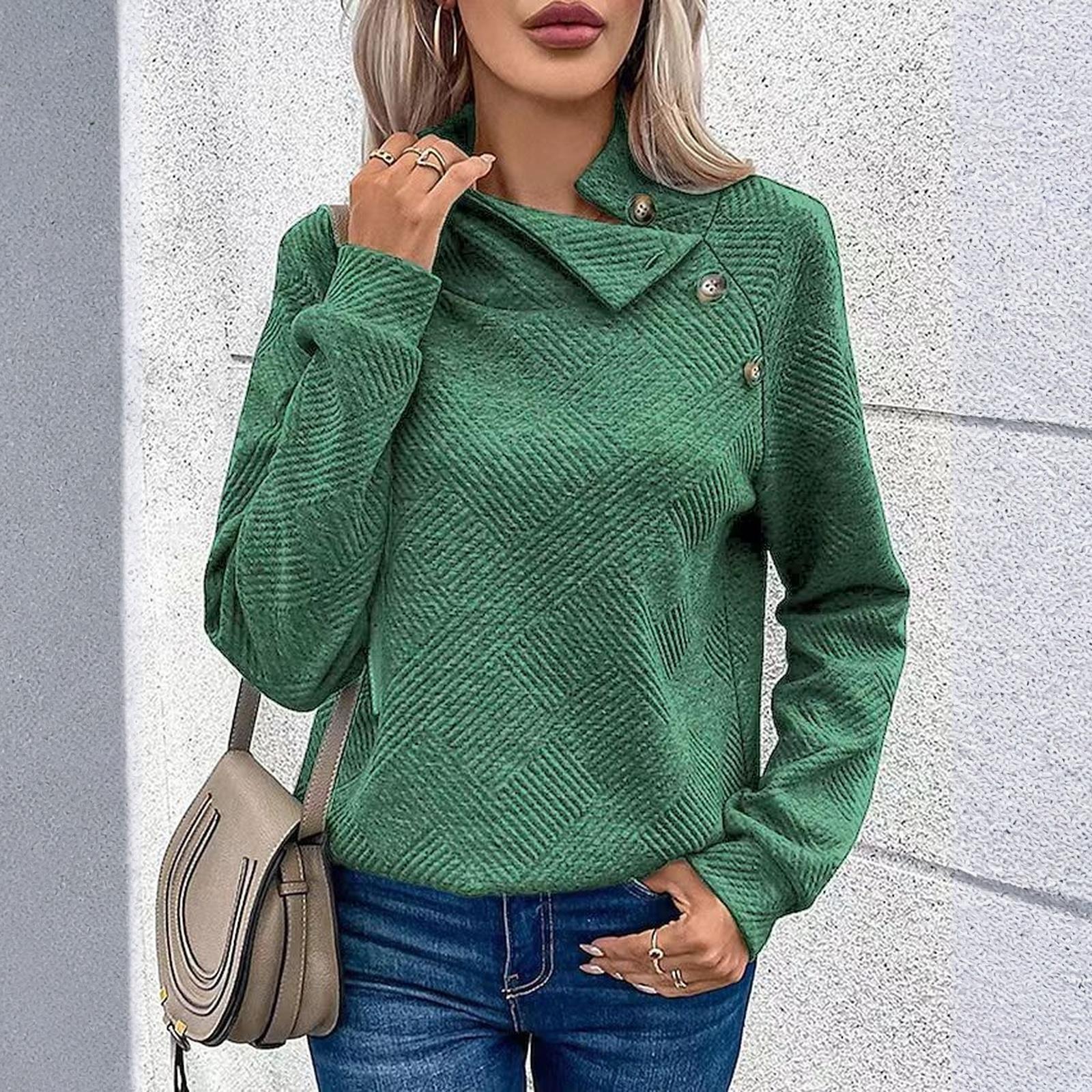 

Women s Casual Solid Color Slim Fit Sweater Textured Stand Collar Long Sleeve Top XXL зелений