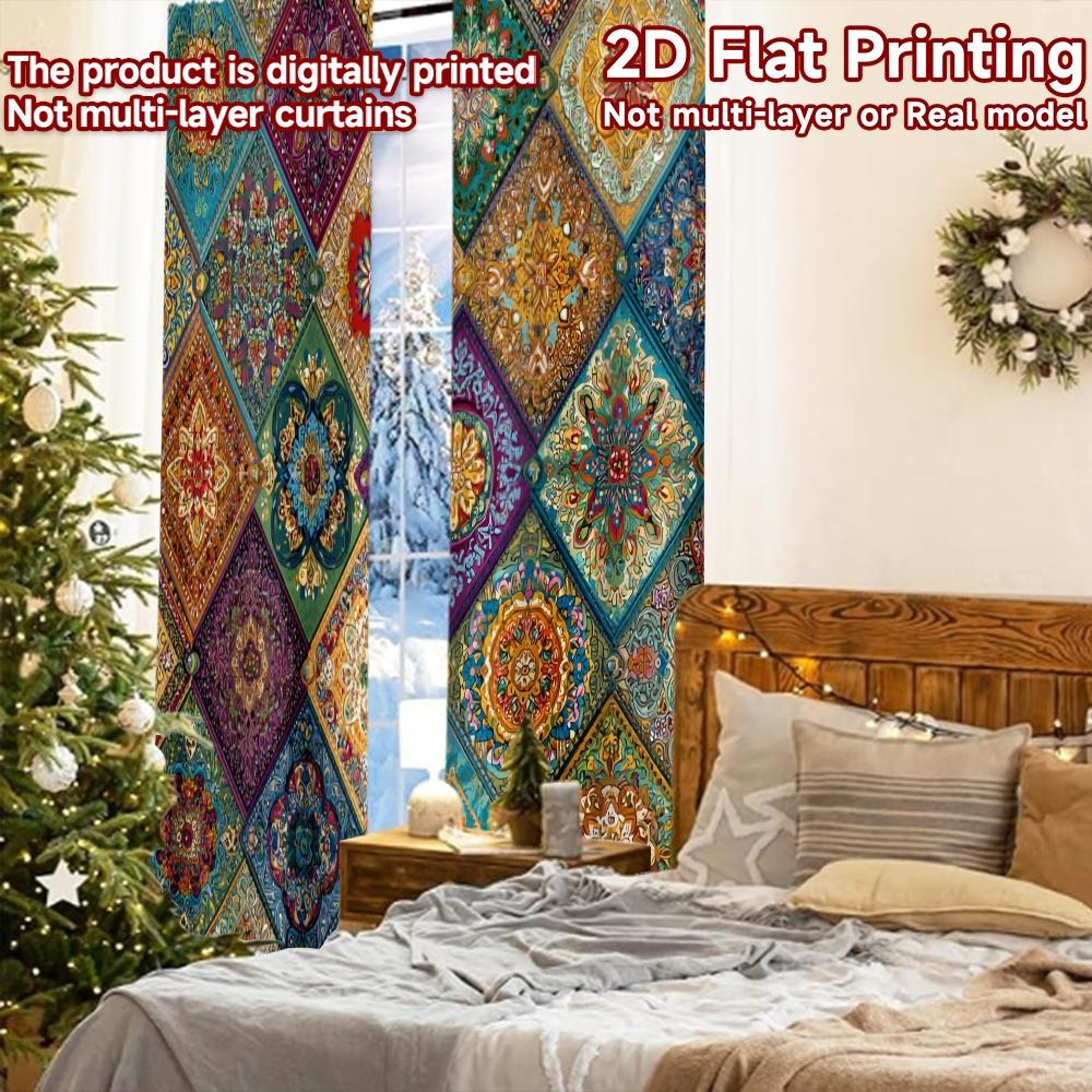 2pcs, 2D FLAT PRINTING Curtains (Without Rod) Mosaic Harmony Holiday Halloween Christmas Printed Curtains Versatile Durable
