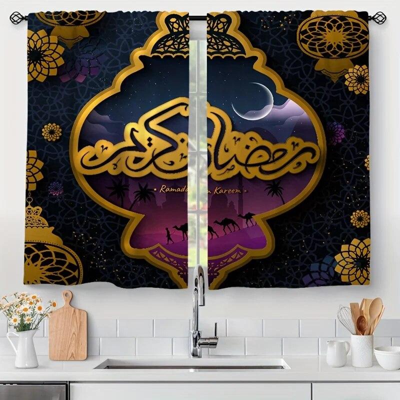 

2 шт. Фестиваль Рамадана, желтая луна, замок, полупрозрачные шторы с принтом, гостиная, игровая комната, спальня, полиэстер, карман для штанги W50xH130(CM)x2PCS-Grommet Top