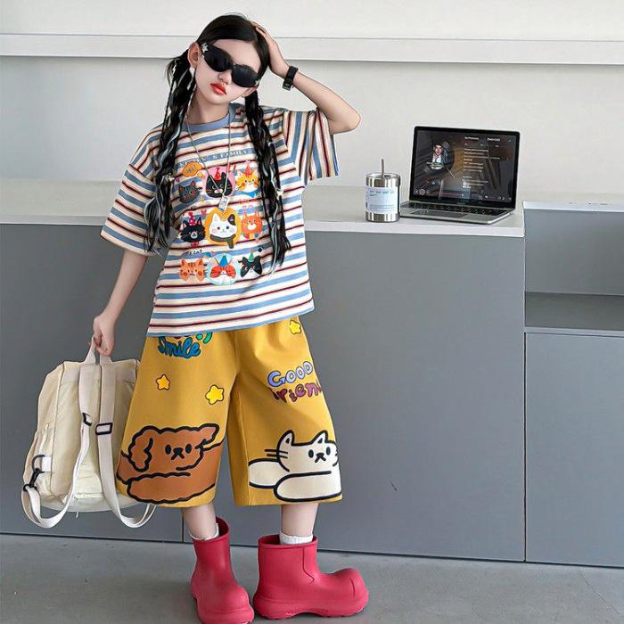 Girls Summer 2026 Cartoon Print Short Sleeve Top & Wide-Leg Pants Set 130 cm