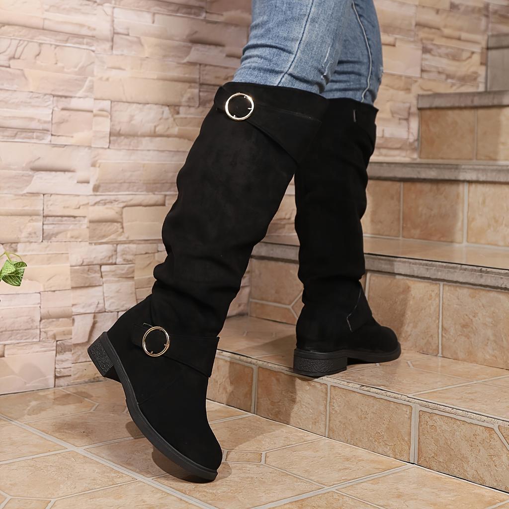 Damskie buty w jednolitym kolorze, modne, zapinane na zamek, grube obcasy, wysokie buty do kolan, zimowe buty z okrągłym noskiem