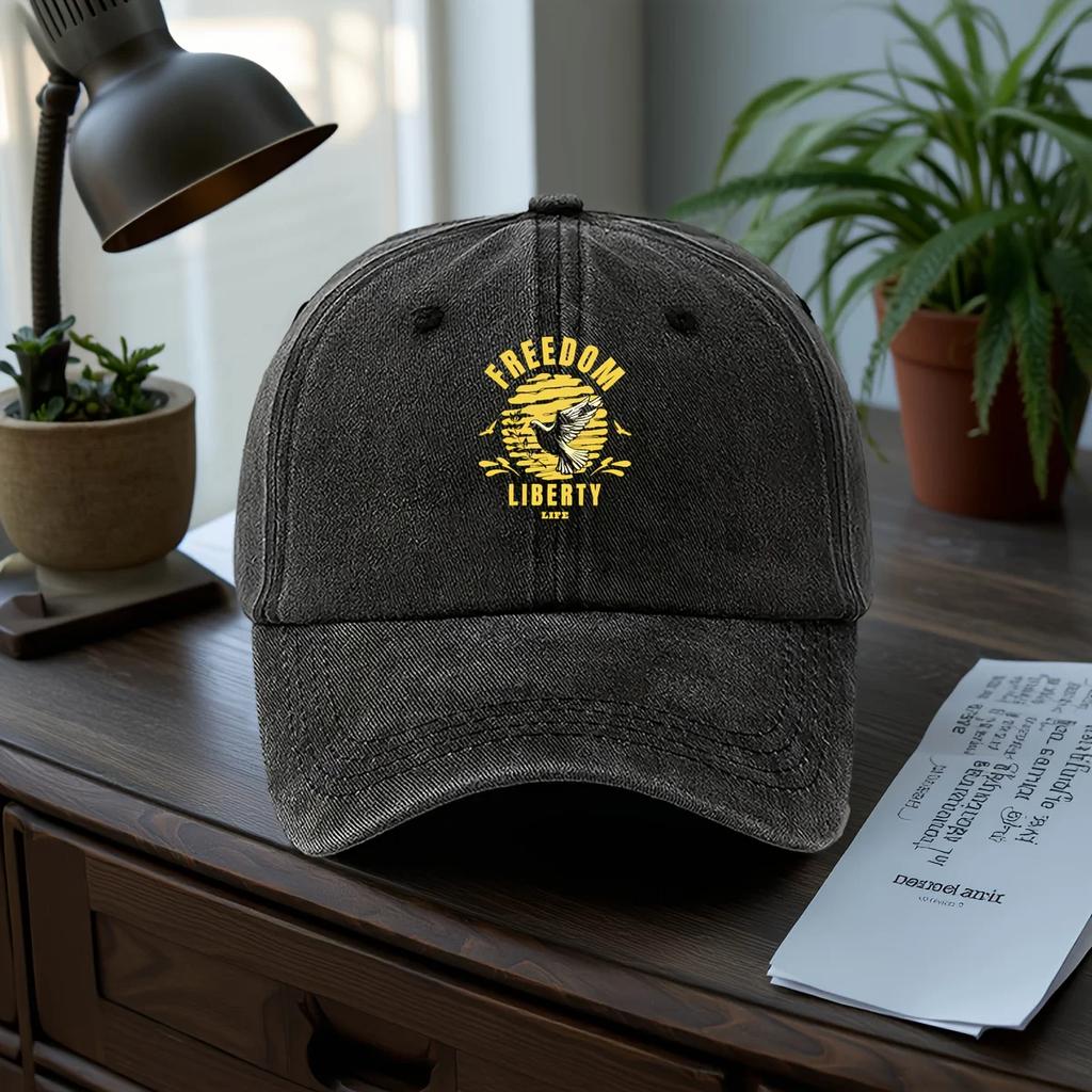 Adjustable Washed Vintage Denim Truck Driver Baseball Cap with "FREEDOM LIBERTY LIFE" Dove Print - Lightweight Casual Style, Sof
