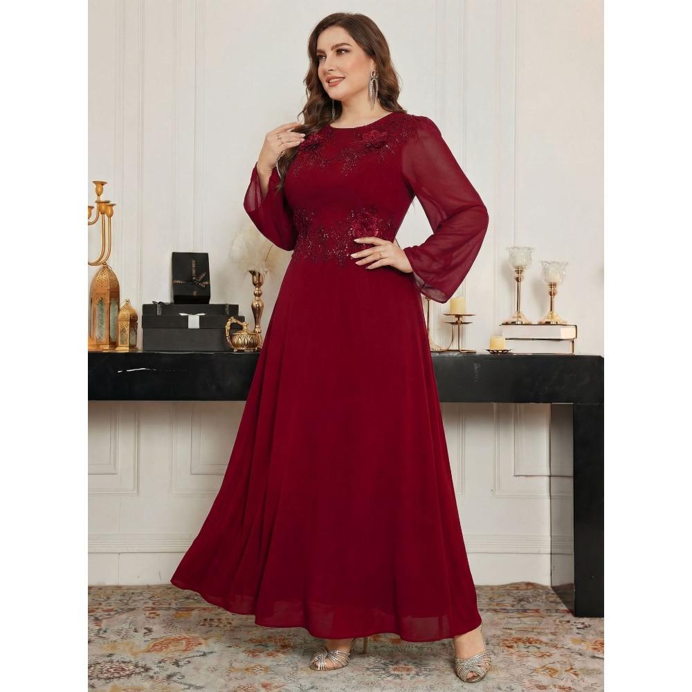 Plus Size Elegant Round Neck Beaded Embroidered Sequin Evening Gown Formal Wedding Party Bridesmaid Dress