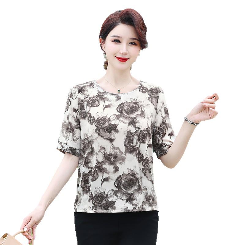 2026 New Style Printed Short Sleeve Fashion Shirt: Stylish, Loose, Breathable Round Neck Top for Middle-Aged Women