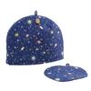 Stylish Scandinavian-style tea cozy with a blue, universe, planet, and garden design. Beige teapot cover. Crafted by artisans Sachiko and Akiko