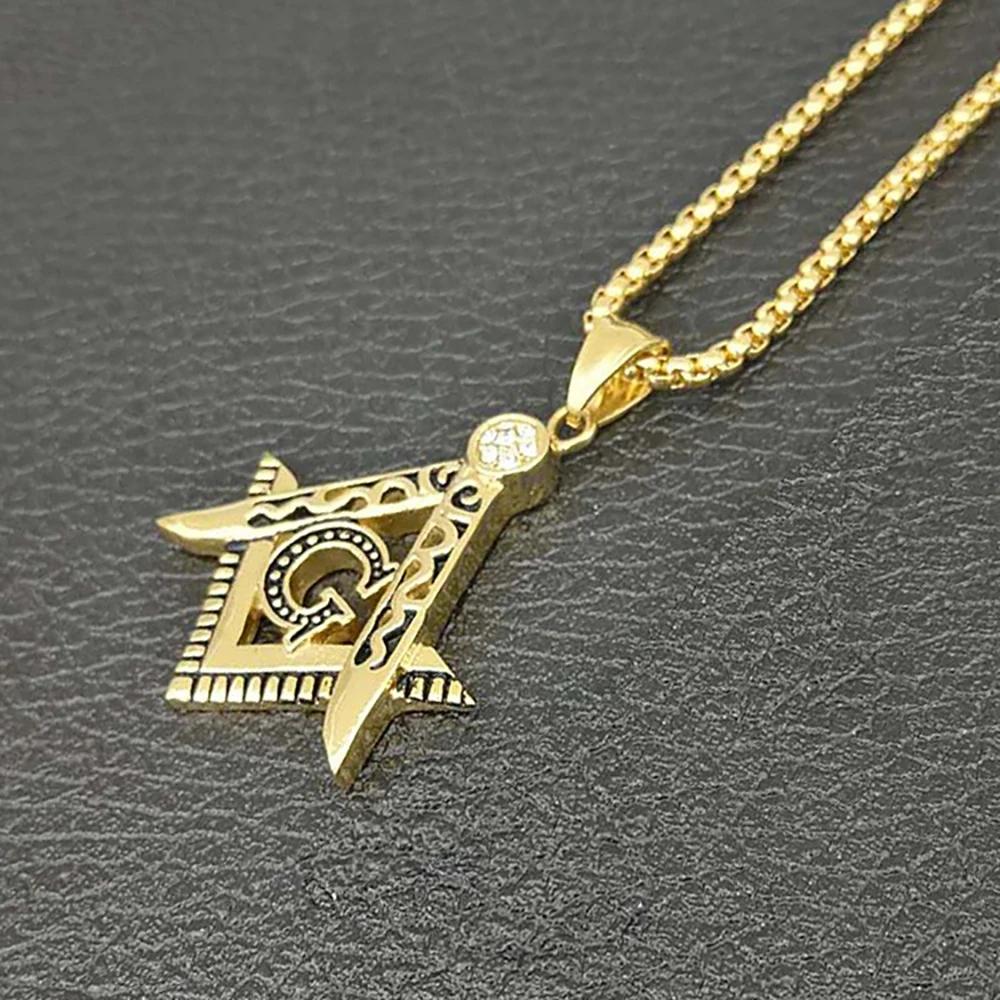 Hip Hop Iced Out Mason Halsketten Anhänger Goldfarbe Edelstahl Kette Für Damen/Herren Freimaurer Symbol Schmuck XL1079